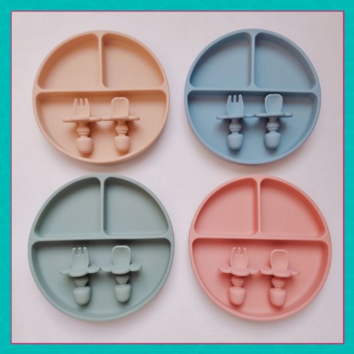 ☼Mums Corner Silicone Suction Plate and Silicone Spoon And Fork BLW Utensils BPA-Free Plate for Baby☛
