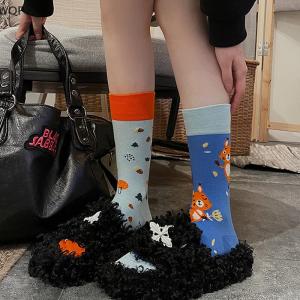[WQP Fashion Store] COD Jewerry Asymmetric Autumn Winter Women Socks Funny Cute Cartoon Cat Embroidery Animal AB Interesting Mid Tube Socks