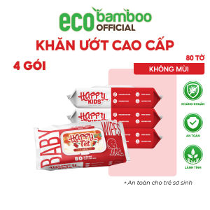 [ECOBAMBOO OFFICIAL]_Thùng 10 gói Khăn ướt 80 tờ cho bé Happy Kids không mùi không  không parabens