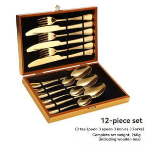 Golden stainless steel knife fork and spoon 24 piece set 16 Piece Set 36 piece gift golden wooden box set gold plated western style tableware