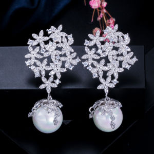 SEQUITO Elegant Modern Jewelry White Gold Plated Full Micro Pave Shiny AAAAA Zirconia Cluster Flower Dangle Drop Bridal Wedding Long Pearl Earrings SE698