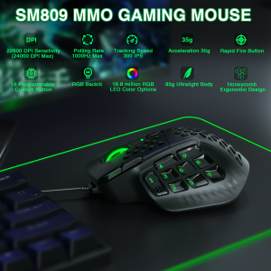 SOLAKAKA SM809/SM809PRO MMO Wired/ Wireless Bluetooth 2.4G Gaming Mouse RGB Backlit Up to 24000 DPI  Ergonomic Design For Laptop PC
