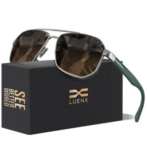 LUENX Kacamata Hitam Aviator Sunglasses for Men Square Polarized Polygon Lens - UV 400 Protection with Accessories 61MM Driving Outdoor Original Sunglasses 6408-3