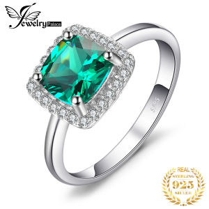 JewelryPalace Green Simulated Nano Emerald 925 Sterling Silver Rings for Women Halo Engagement Ring Statement Gemstones Jewelry