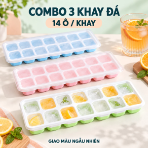 Combo 3 Khay Làm Đá Silicon 14 Ô Có Nắp Đậy Chống Mùi - Nhựa PP Kết Hợp Đáy Silicon Mềm Dễ Dàng Lấy Đá Chịu Nhiệt Tốt