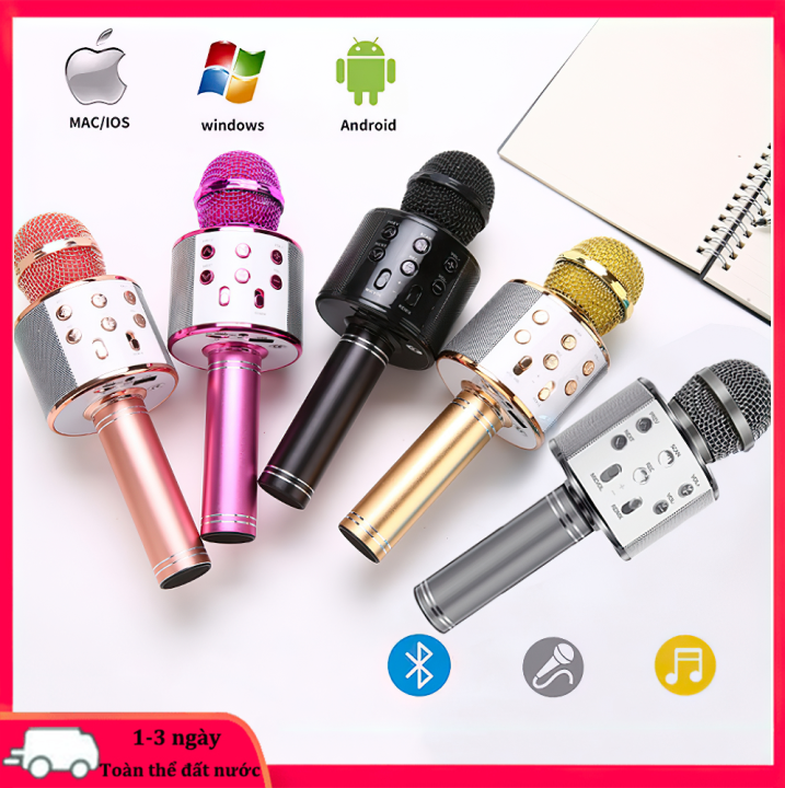 Micro Hát Karaoke Bluetooth Không Dây WS-858, Kèm loa Âm vang Ấm mic hát karaoke cầm tay mini micro hát trên xe hơi mic hát , loa bluetooth mini