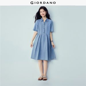 Giordano Beau Monde Women 100% cotton open collar pleated denim dress Free Shipping 13466301