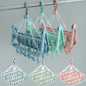 ไม้แขวนเสื้อแบบหมุนได้ความจุขนาดใหญ่-ราวตากผ้าพลาสติก 32 คลิปหนีบลมแบบพับได้