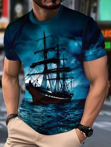 Vintage Mens 3D Sailing Ship Graphics Print T-Shirt Round Neck Short Sleeve Tee Tops Harajuku Y2k Summer Oversize Man Clothing