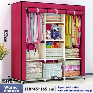 Lemari Pakaian Kain Portable 118CM Lemari baju jumbo 3 Sekat resleting