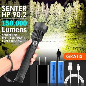 Senter LED Super Terang Zoom Flashlight USB Rechargeable XHP90.2 with 2x18650 Senter Cas Multifungsi Dan Tahan Lama