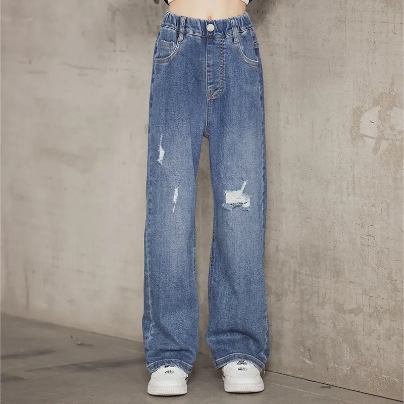 cute ripped jeans trousers Japanese Mori girl student loose straight-leg  pant
