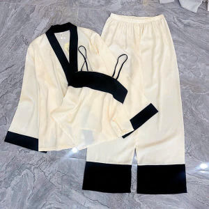 HT912 Bộ ngủ 3 món áo yến phối màu sang chảnh set đồ Pijama lụa gấm tôn dáng HT912