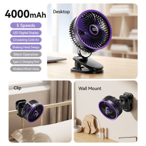 100 Speed Portable Circulation Fan Wall Mounted Desktop 7 Blades High Speed Turbine Air Circulation Fan Desk Fan Wall Fan Adjustable USB Digital Display 4000mah Large Capacity
