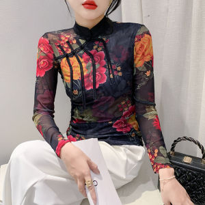 YIMEI เสื้อเสื้อยืดพิมพ์ลายคอเสื้อแขนยาวผู้หญิงแบบติดกระดุมดีไซน์ระดับสูงเสื้อตาข่ายคลุมก้นเข้ารูป