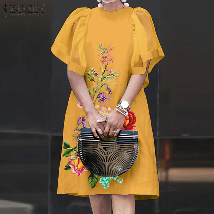 Fancystyle ZANZEA Women Crew Neck Ruffle Short Sleeve Floral Print Summer  Casual Dresses #12 Lazada PH