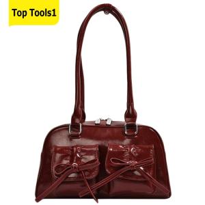 Women Fashion Shoulder Bag Double Pockets PU Leather Daily Commuting Bag with Bow Small Tote Bag Solid Color for Travel Vacation