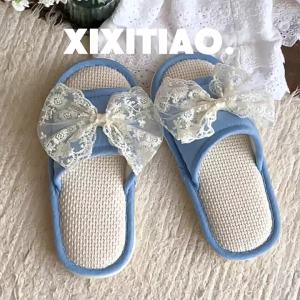 XIXITIAO Indoor Slippers Cotton Slippers Breathable Floor Shoes Sweet Lace Bow Four Seasons Student Home New Slippers for Women