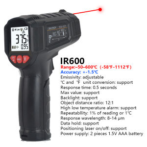 IR02C Digital Thermometer -50~800C Emissivity Adjustable Industrial Thermometer Electronic Thermometer Non-contact Thermometer Data Hold C/F Unit Conversion High-definition Color Screen Temperature and Humidity Measure Pyrometer Hygrometer