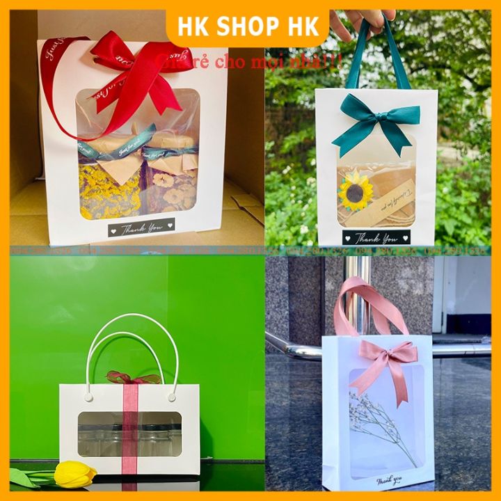 Túi giấy mặt kính đựng mỹ phẩm, quà tặng, hoa, sách vở,..., phối nơ ...