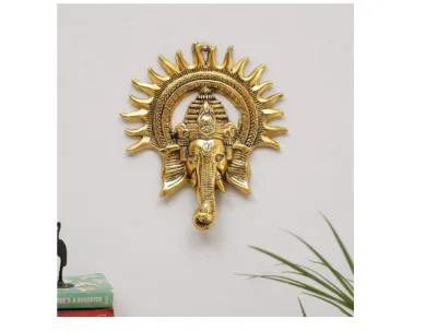 Kraft Metal Ganesha ji/Ganpati/Lord Ganesh Statue Idol - Wall Hanging Sculpture - Lucky Feng Shui Wall Decor Showpiece Figurines Standard Golden