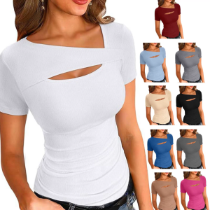 Short Sleeve Shirt for Women One Pieces Cutout Tops Fashion Slim Fitting Tee Tshirt Spring Summers Clothes