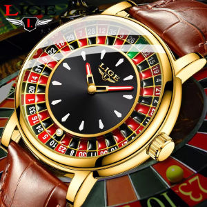 LIGE Fashion Men Watch Luxury Creative Roulette Game Dial Design Leather Casual Waterproof Watches for Men Quartz Watch Gifts+Box