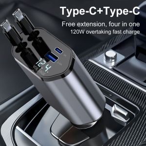 4in1 Universal Retractable Car Charger Fast Charger 120W USB Type C And IOS Scalable Car Charger Power Adapter