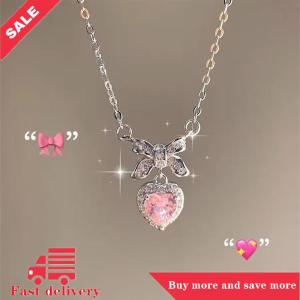 [COD]Flash Delivery Crystal Zircon Bowknot Heart Pendant Necklaces Pink Heart Ladies Girls Fashion Elegant Clavicle Chain For Women Jewelry