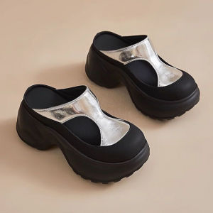 [Free Shipping] Thick-Soled Height-Increasing Closed-Toe Slippers For Women 2026 New Summer Style Half-Slipper Design Perfect For Outdoor Wear Very Stylish And Featuring A Hollowed-Out Casual Design