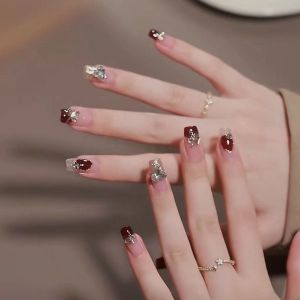 Autumn and Winter Wild Manicure Wear Nail Flash Temperament French Wine Red White Nail Sticker Removable Bride Nail Shaped Piece
