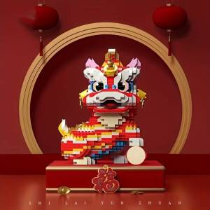 New Year The Spring Festival Lion Dance Building Block Bricks Toy Assembly Particle Children Development Education Collection Toys Puzzle Boys And Girls Birthday Gifts Kids toys