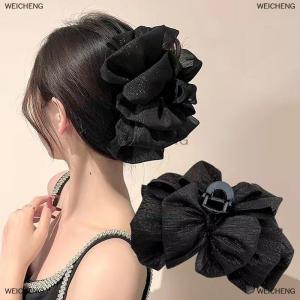 [COD] WEICHENG Fashion Women Seersucker Clip Black Bowknot Hair Grab Hair Bow Shark Clip Mesh Bubble Grabber Girl Headwear