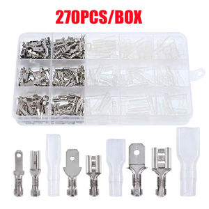 JIANTAI 270/315Pcs 2.8mm 4.8mm 6.3mm Male and Female Wire Spade Connector and Insulating Sleeve Assortment Kit Copper Wire Crimp Terminal Block with Nylon Sleeve Set for Car Audio Speaker
