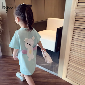 KYII Kids Long T-shirt Summer Dress 2021 New Children Korean Style Cartoon Short Sleeve Dress Little Girl Dress ky081