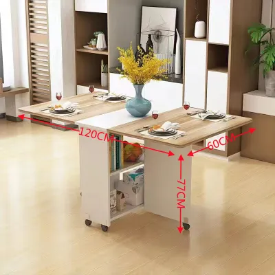 Folding table household small rectangular simple and easy to function with wheels moving dining table 4 people