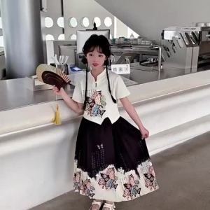【Ship in 24H】现货2025新款女童马面裙中大童中国风唐装中式儿童短袖汉服两件套夏季套装Chinese Retro Suit Child Hanfu Princess Kids Girl Horse-Face Skirt Set