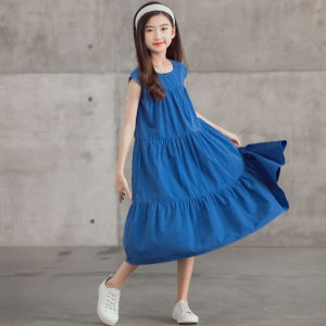 LS Show Girls Vest Dress Cotton Dress Round Collar Dress Summer Dress Maxi Dress Casual Dress Long Skirt Age 3-15-year-old 120-17cm