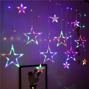MLADEN Lampu Raya Star Moon Curtain Lights Hari Raya Wedding Party Home Fairy Light Ramadan Lampu Garden Decor
