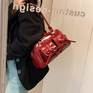 【Outlet】 Women Fashion Shoulder Bag Double Pockets PU Leather Stylish Underarm Bag with Bow Casual Armpit Bag Solid Color for Travel Vacation