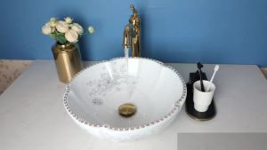 LDIES Torayvino Flower Ceramic Bathroom Basin Sink Above Counter Art Vessel sink Vainty Bowl with Mixer Water Tap and Pop-up Drain Set 8Z1B6