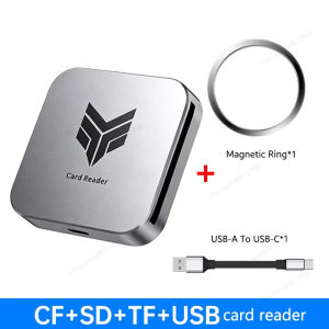 KEBETEME 4 in 1 Adsorption Card Reader USB-A USB-C Port Support SD TF CF Memory Card Aluminum Alloy Portable Multi Card Reader Adapter with USB-C Cable for Phone Camera Laptop