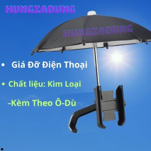 Giá Đỡ Kim Loại - Kẹp Điện Thoại Dành Cho Xe Máy Có Ô - Dù Dùng Che Nắng Che Mưa