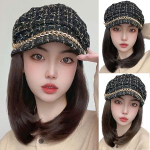 CHAOSON สไตล์เกาหลีแบบ วิกผมหมวกสั้น สังเคราะห์สังเคราะห์สังเคราะห์ ขนปุยฟู ผมบ๊อบตรง ที่ต่อผม เท็จปลอมปลอม วิกหมวกเบเร่ต์ สำหรับผู้หญิง