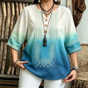 Vintage Ethnic For Women Gradient Printed Shirt Formal Business Long Sleeve Tops Blouse Shirt Women