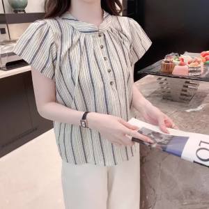 Ammin 2024 mùa hè mới pháp đứng cổ áo sọc dọc ngắn tay áo cánh vải voan phụ nữ phong cách cổ điển Ruffle thiết kế giản dị áo blouse thanh lịch