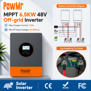 Flowatt 6.5KW Solar Inverter 500Vdc Off-Grid Solar Hybrid Inverter Supports 48V Lifepo4 Battery Can Parallel Up to 9 Unit Built in 120A MPPT Solar Charger Controller