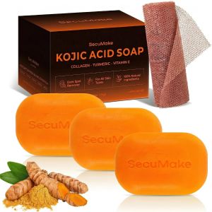 Kojic Acid Soap Turmeric Soap for Dark Spots with Vitamin C & Shea Butter Paraben & Sulfate-Free - 105g x 3 Bars with n Net Sponge