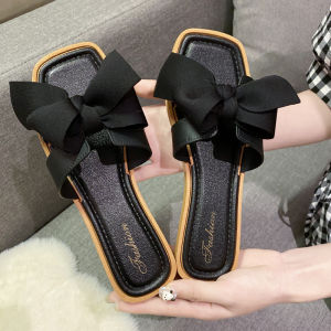 Square-Toed Bowknot Outdoor Sandals Fashionable And Versatile Low-Heeled Non-Slip Soft-Soled WomenS Summer Outdoor Slippers