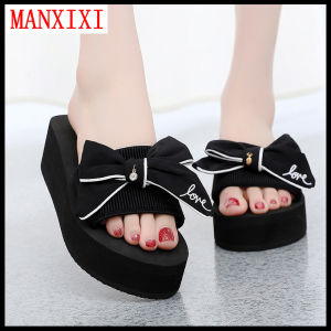 MANXIXI Beautiful 2.36 Inches Wedge Sandals Bow-Knot Inlay Rubber Sole Sturdy Flat Slippers For Women (Size 35-40)